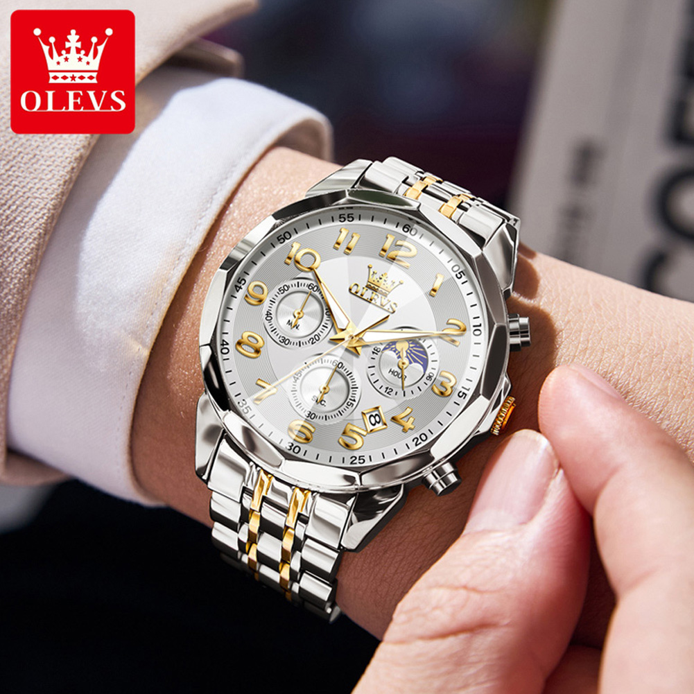 OLEVS 3676 Herenhorloge Quartz Horloge Multifunctionele Chronograaf Waterdicht Lichtgevende Maanfase Horloge Heren Originele Reloj