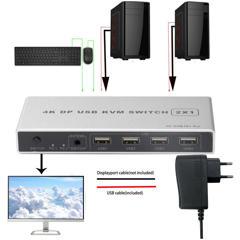 1 Out Dual Port VGA Computer USB Controller 4K 60Hz Displayport Plug And Play KVM Switch Monitor Mouse Support Connection Stable