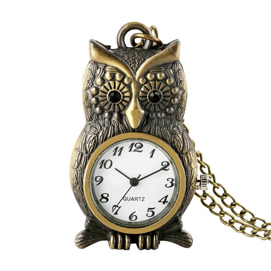 Reloj colgante con forma de búho de bronce, reloj de bolsillo de cuarzo, Retro, Fob, cadena de suéter, números arábigos, exhibición de collar