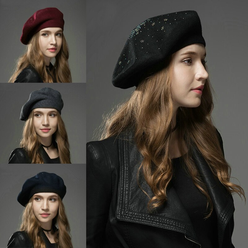 Vintage Winter Wool Berets Women Solid Drilling Octagonal Hat Artist Ladies Berets High Street Headwear Korea Style Cap