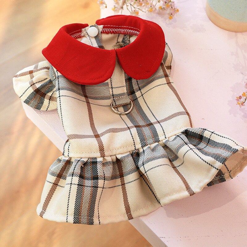 Princess Spring Dog Dress Plaid Butterfly Bow Button Closure Clothes for Dogs Harness D-Ring Attachment