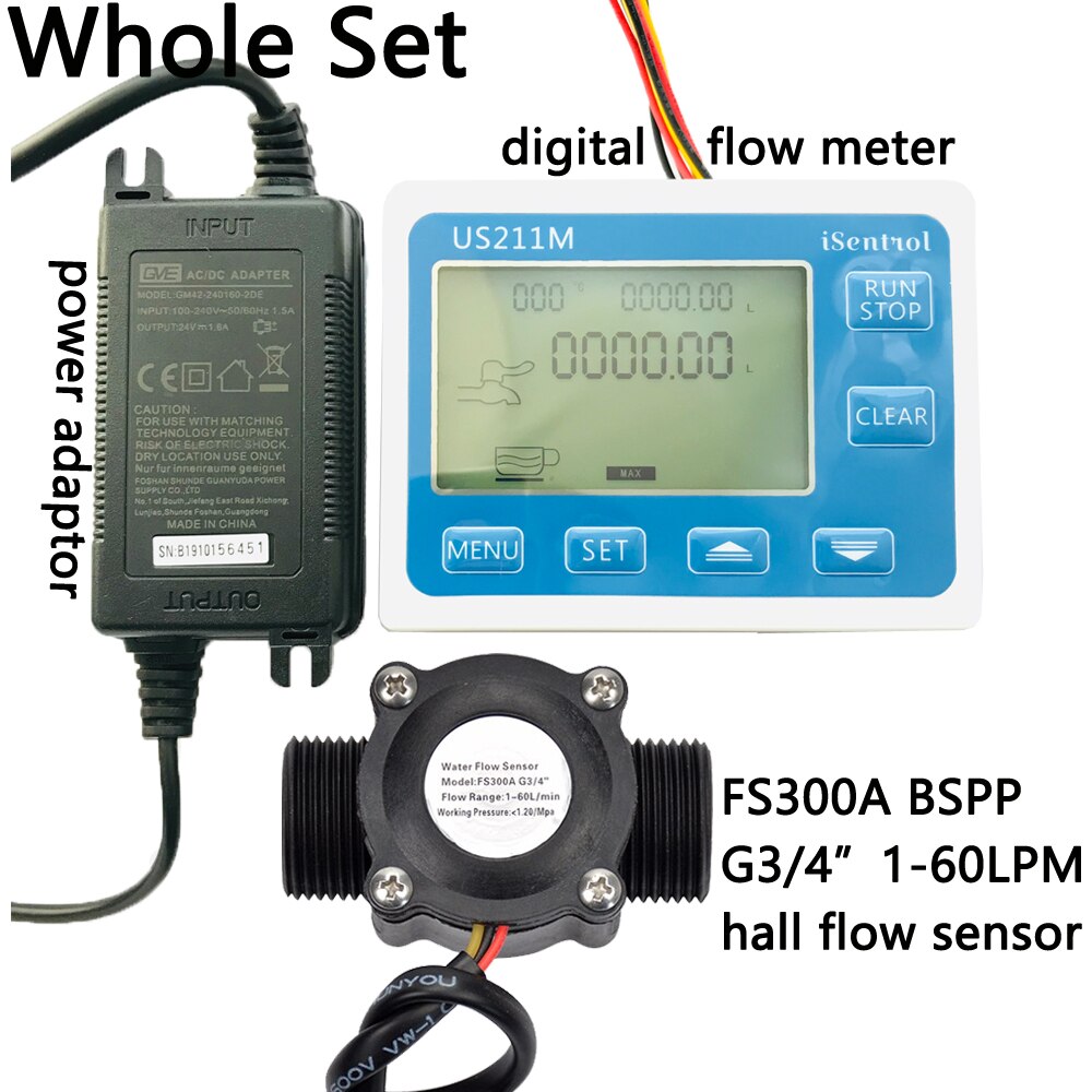 US211M Digital Flow Meter Display Totalizer Flow Measurement with Nylon Water Flow Sensor FS300A G3/4" Turbine Flowmeter iSentro
