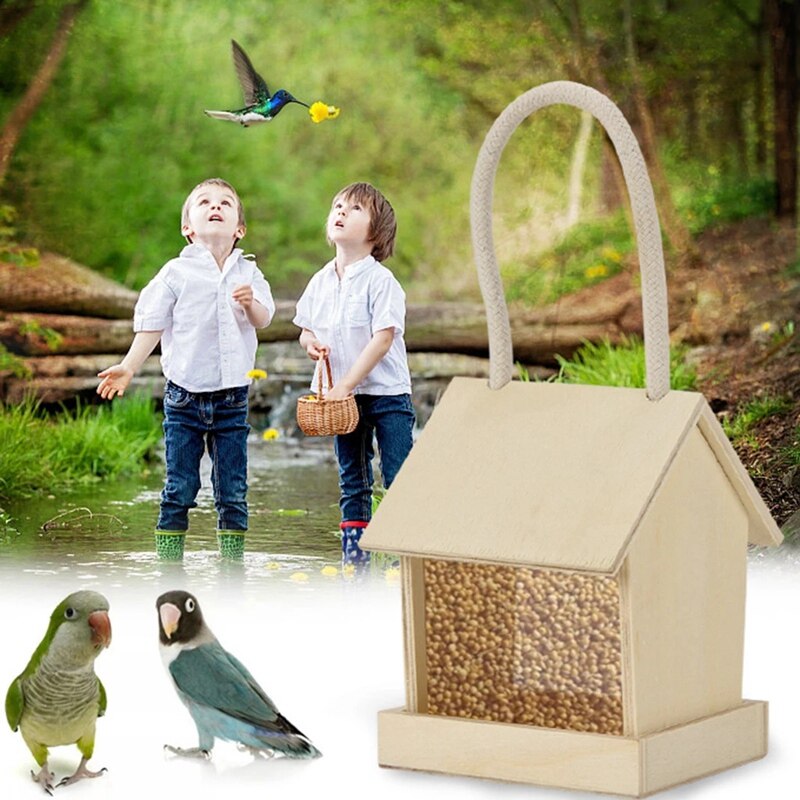 Garden Bird Wooden Feeder Wild Bird Wooden Feeder Hanging in the Garden Yard Small Wall Mounted Wooden Bird Feeder