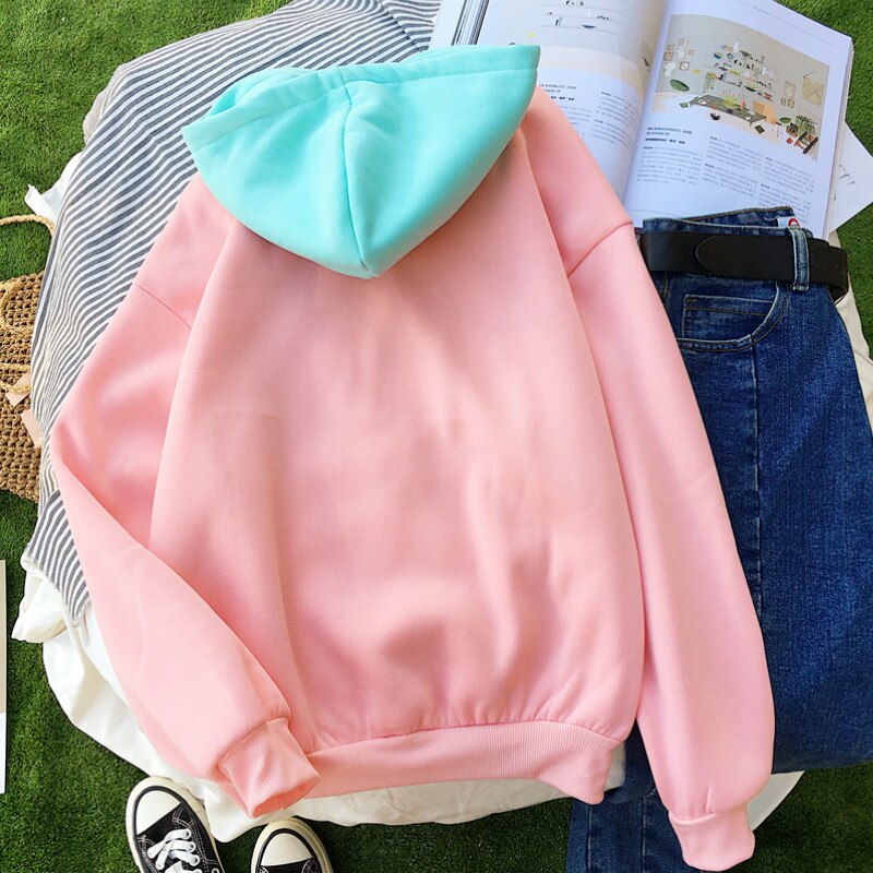 Sudaderas con capucha Harajuku coreanas con letras estampadas en corazón para mujer, Otoño Invierno, sudaderas de colores contrastantes, ropa de calle de para mujer Vs rosa