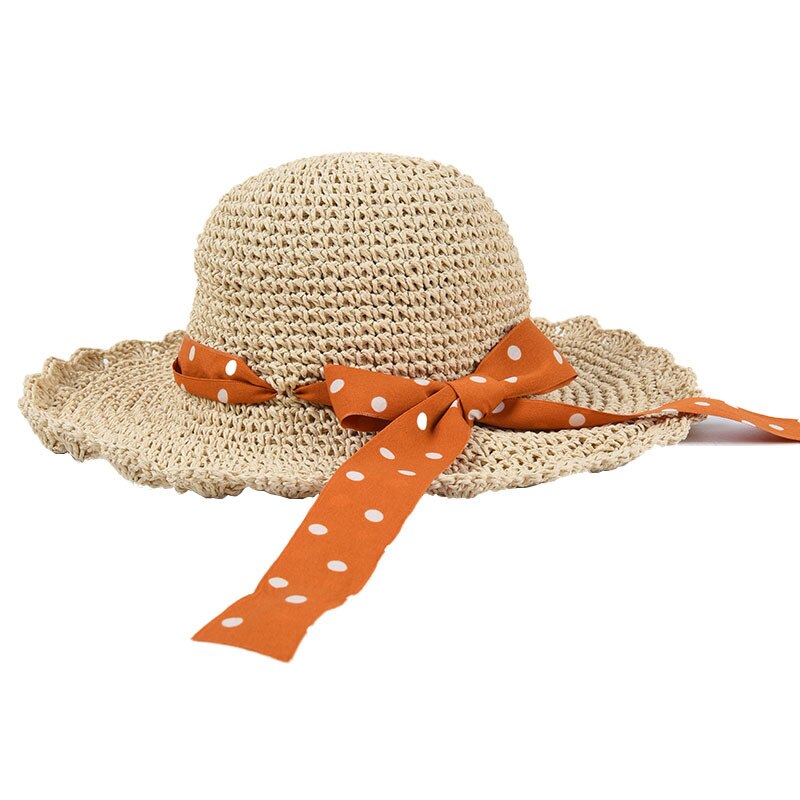 Hoaree zonnehoed voor dames zomer stro opvouwbaar brede rand stippen strik dames vintage mooi merk casual strandpet: Oranje vlinderdas