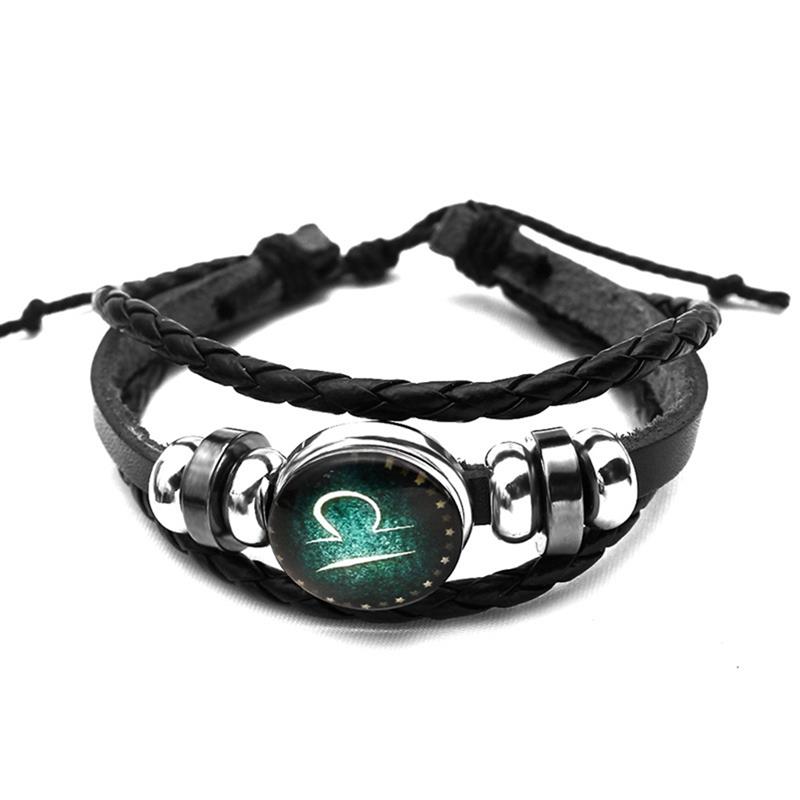 Luminosas 12 Constelaciones pulsera de cuero signo del zodiaco con abalorios pulseras trenzadas Punk para Niños Accesorios de la joyería de los hombres: Libra