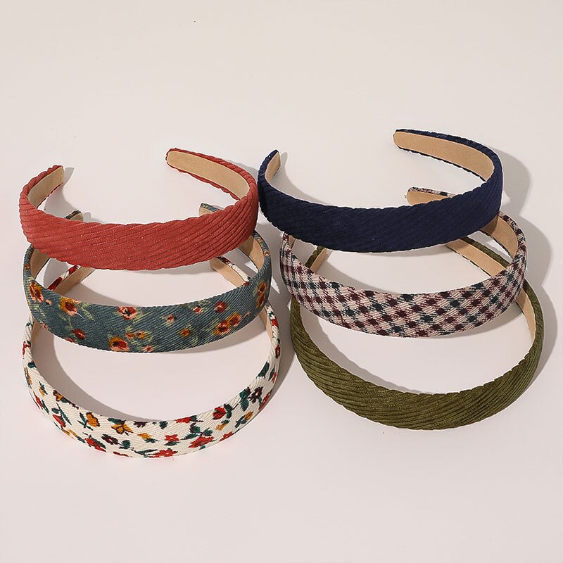 1Pc Corduroy Vrouwen Hoofdband Plaid Gestreepte Bloemen Printing Brede Hoofdband Vintage Stretch Tulband Haarband Vrouwelijke Hoofd Hoepel