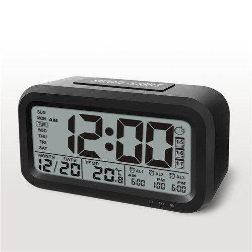 Reloj despertador Digital recargable por USB, reloj para estudiante con pantalla LCD grande para mesita de noche, reloj con Sensor de luz y retroiluminación: Black