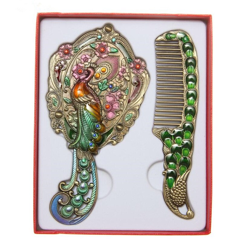 Aishangmei Exquisite Retro peacock makeup mirror maquillaje espejo Metal Portable mirror comb set Cosmetic mirrors