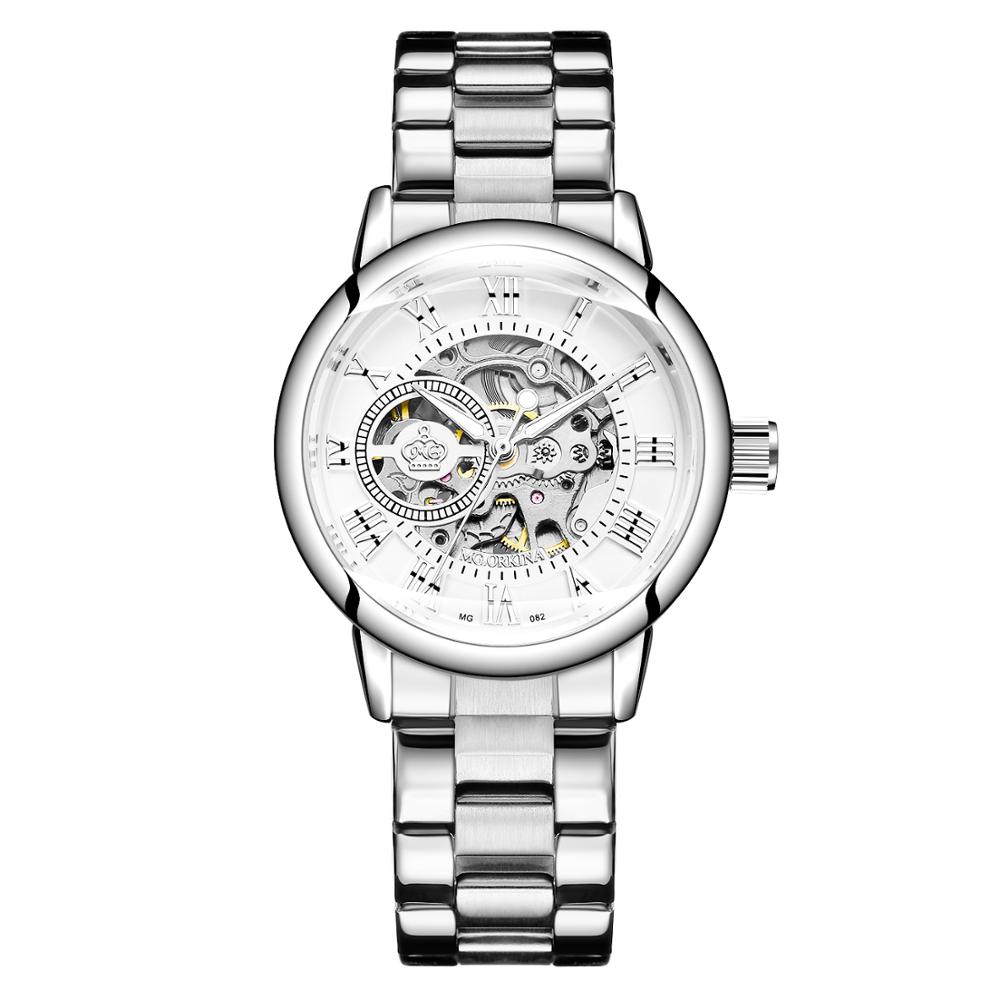 ORKINA Mechanische Frauen Armbinde Uhr Skelett Automatische Armbanduhr Gittergewebe Edelstahl Band Weibliche Uhr schick Reloj Mujer: 082 Weiß S