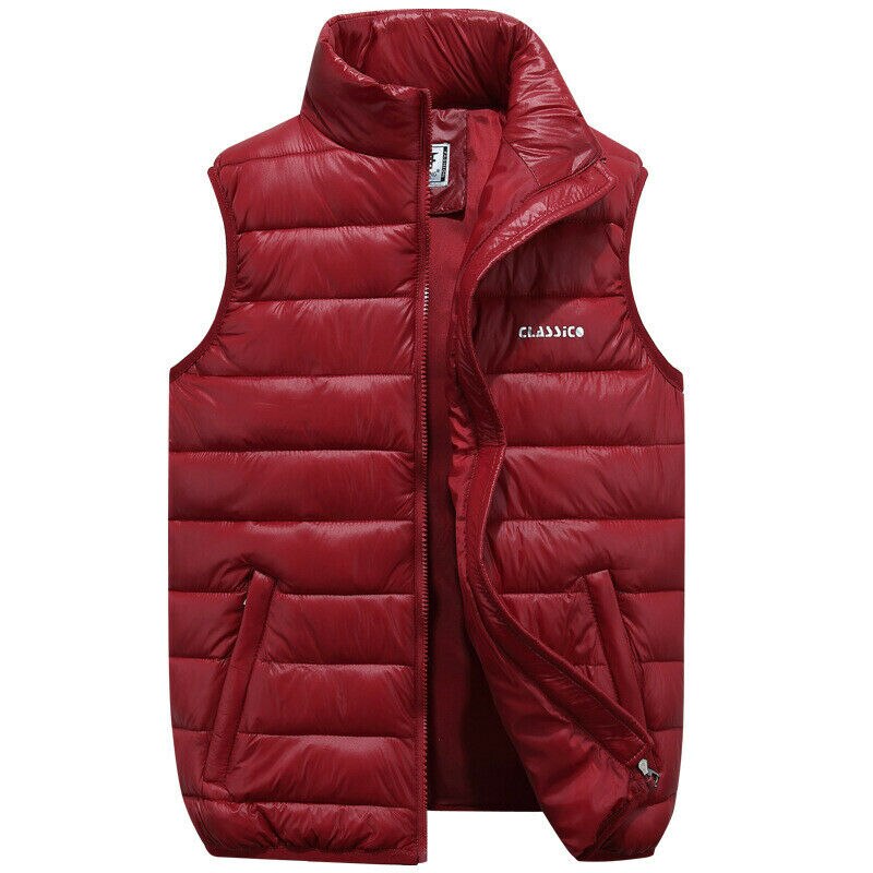 4 Colors Men Casual Sleeveless Vest Top Coat Male Padded Vest Jacket Quilted Outwear Tops Zip Up Waistcoat Outfits Plus Size: Red / XXL