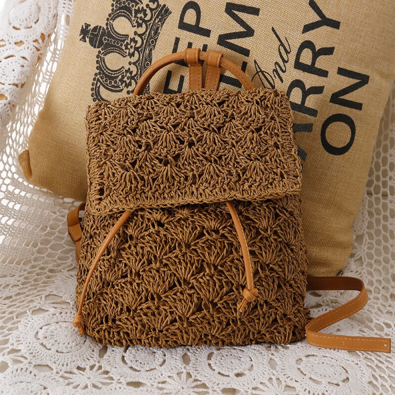 Summer Backpack Sen Women's Seaside Beach Vacation Straw Woven Bag Leisure Bag Purse Fashionable Purses Polyester Handbags: Brown