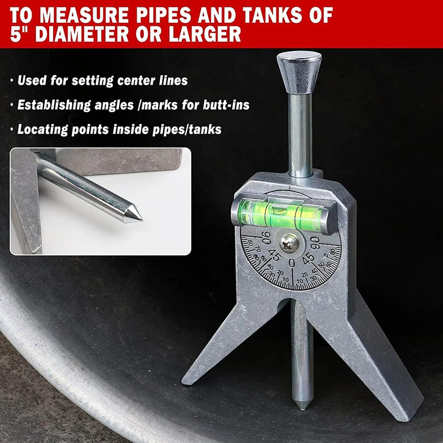 Pipe Center Finder Measure Pipe Diameter With Adjustable Dial Bubble Protractor 4" Y-Type Safety Pipe Marker Centering Head Tool
