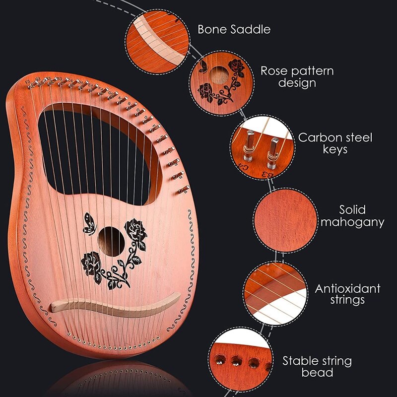 19- string lyre harp, mahogany lyre harp with tuning wrench, for both children and adults, beginner music lovers, best