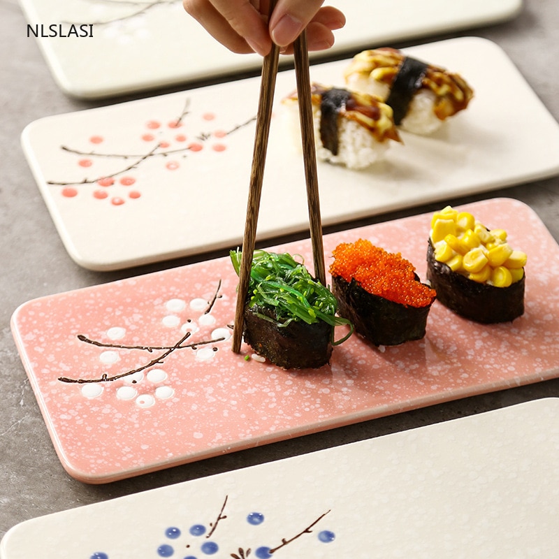 Japanese-style hand-painted underglaze ceramic tableware restaurant rectangular snack pad flat sushi dish set plate