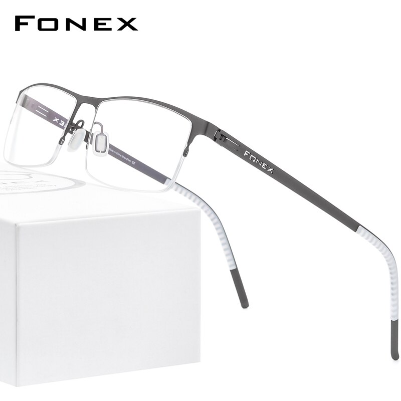 FONEX Alloy Glasses Frame Men Square Myopia Prescription Optical Eyeglasses Metal Half Korean Screwless Eyewear 992: gray