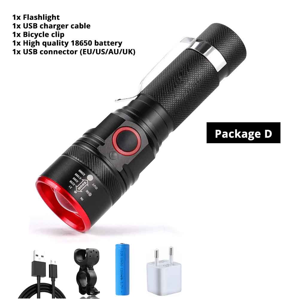 USB Charging LED Bicycle Light 3 Lighting Mode Zoomable Waterproof Portable Torch Powered By 18650 Battery with Free USB Cable: Package D