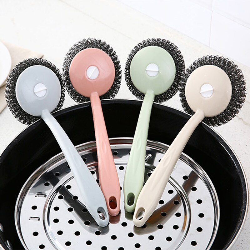 Stainless Steel Wire Ball Brushes Long Handle Wash Pot Bowl Tableware Brush Household Kitchen Brush Scrubber Cleaning Ball Tool