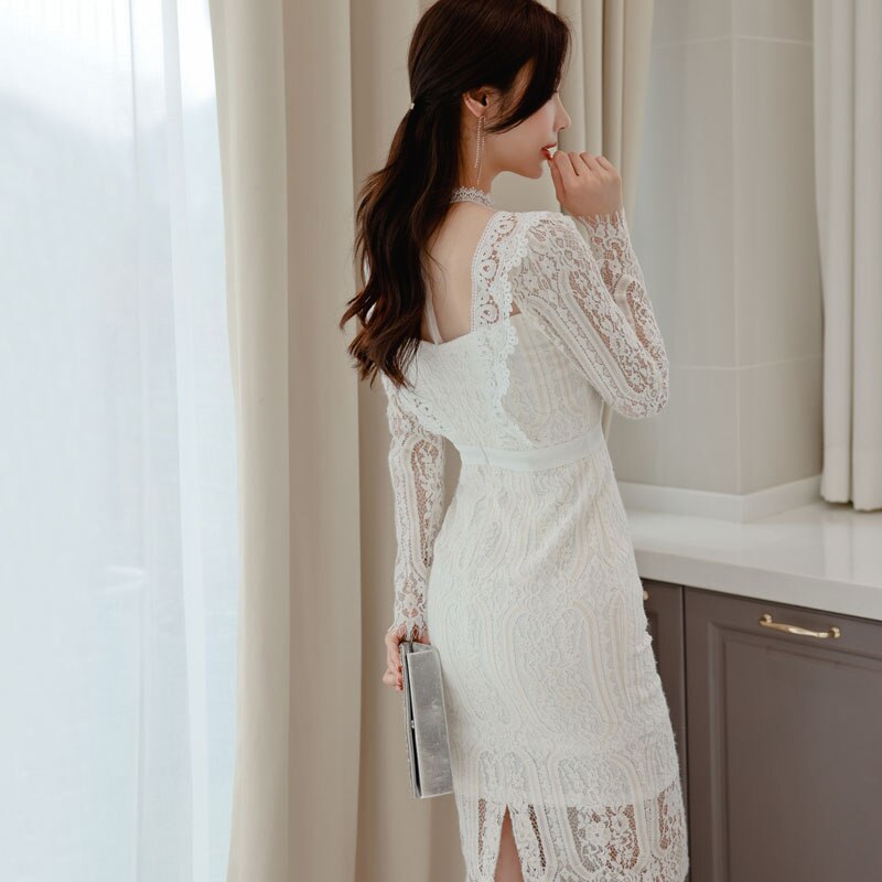 Spring Fall Korean Style Party Dresses Slim High Waist Sexy Lace Dress for Women Long Sleeve Mesh Patchwork Robes T2233