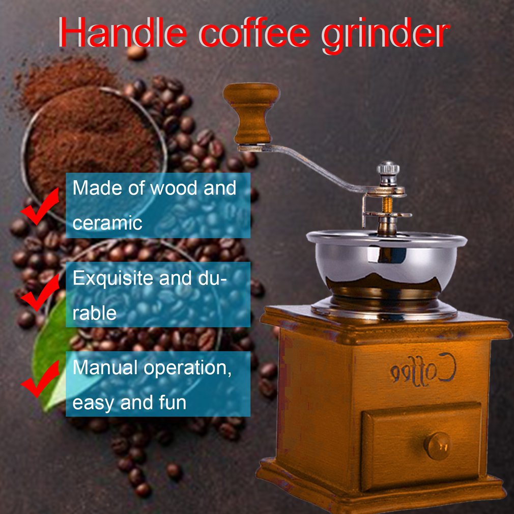Hout Handkoffiemolen Hand Koffiebonen Slijpmachine, Hand Koffie Braam Molen, Handleiding Bean Grinder