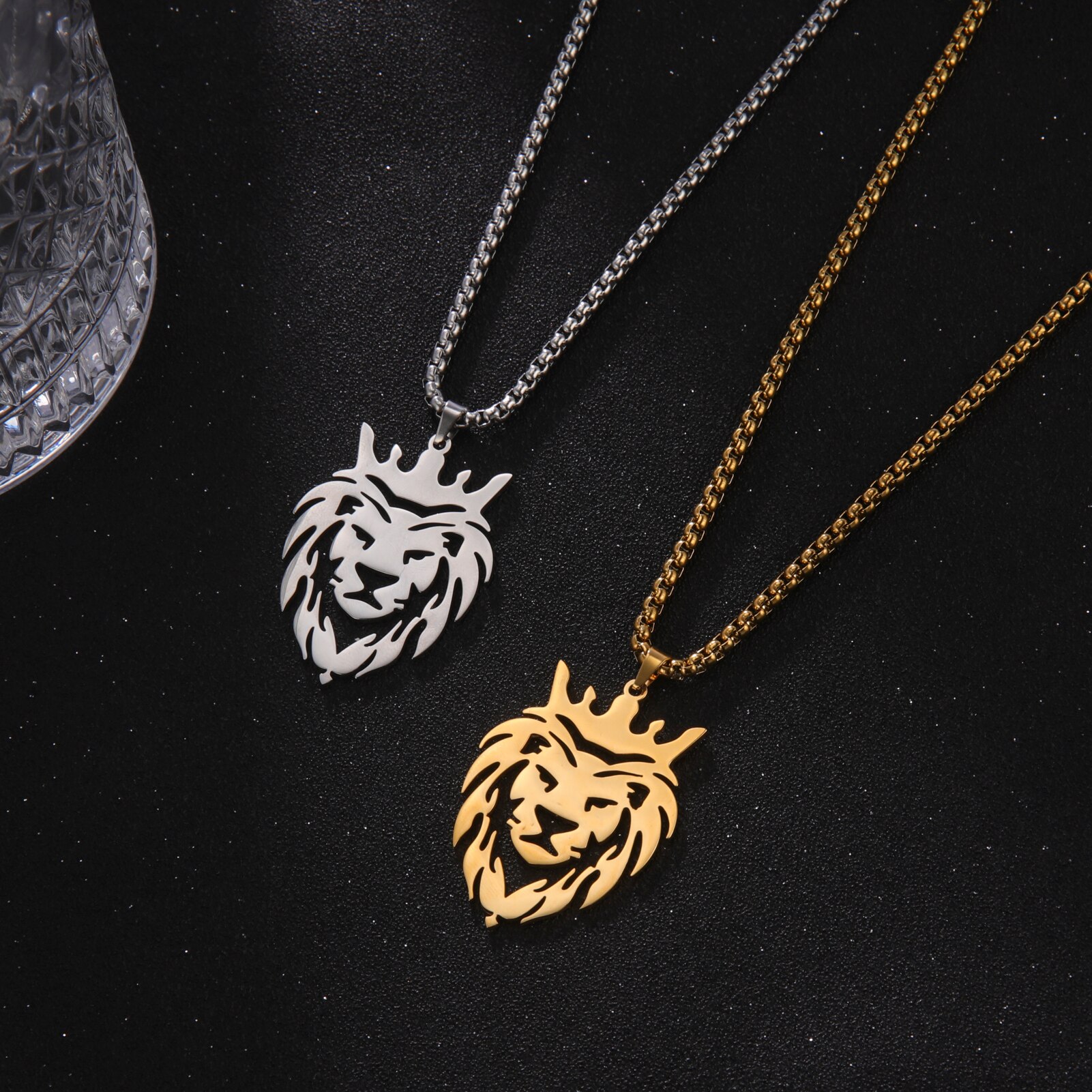 Stainless Steel Lion With King Crown Necklaces Animal Pendant Men's Box Chain Choker Necklace For Women Jewelry Party Men