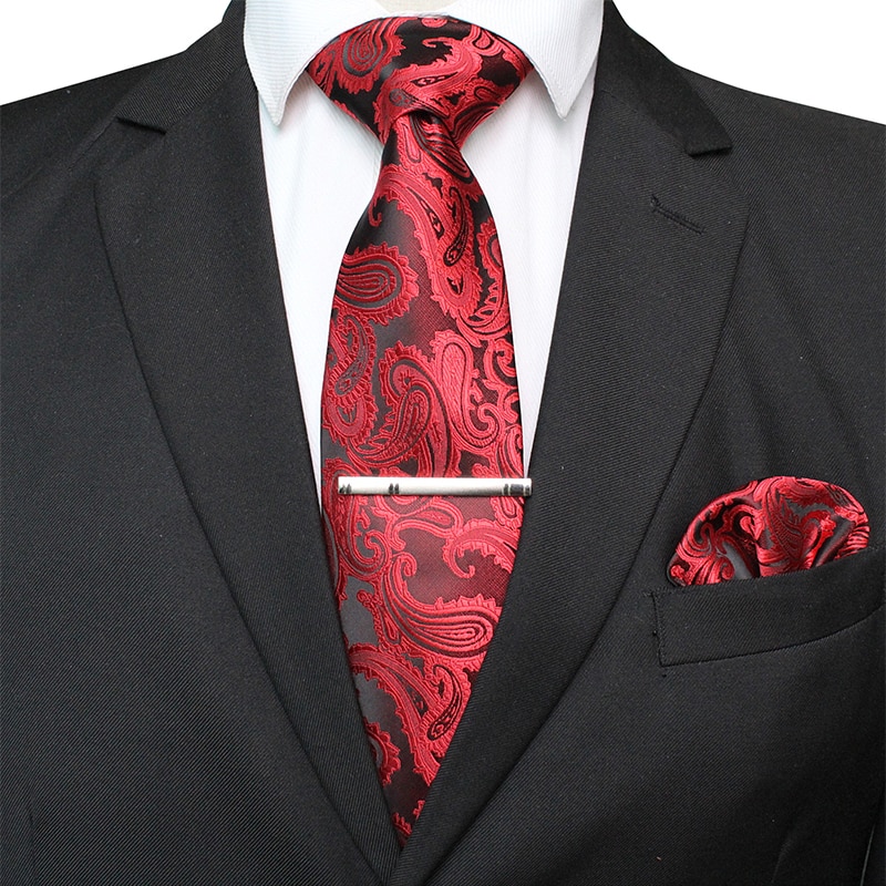 KAMBERFT męskie klasyczne Paisley krawat i kieszeń kwadratowy zestaw czerwony zielony jedwabny krawat żakardowy z krawat klip zestawy wesele krawat