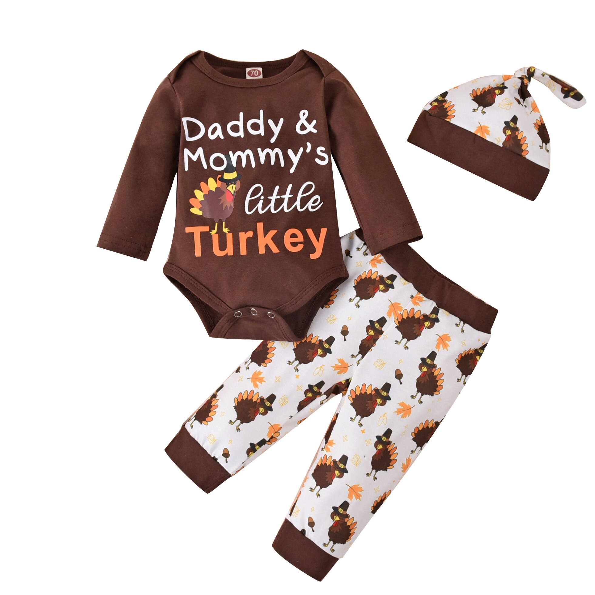 Tak giver dag tre stykker baby drenges tøj bogstav langærmet jumpsuit tegneserie kalkun print lange bukser med hat