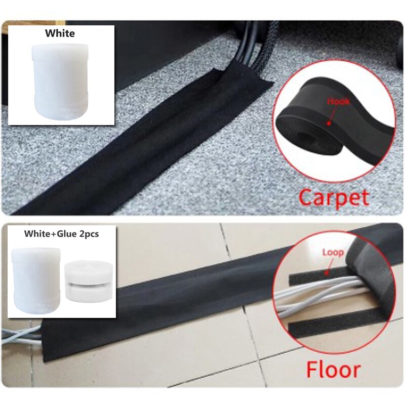 1/3M Soft Cable Cover Protector Prevent Trip Hazard DIY Hook&amp;Loop Cable Tidy Clips Holder for Home Office Floor/Carpet Organaing