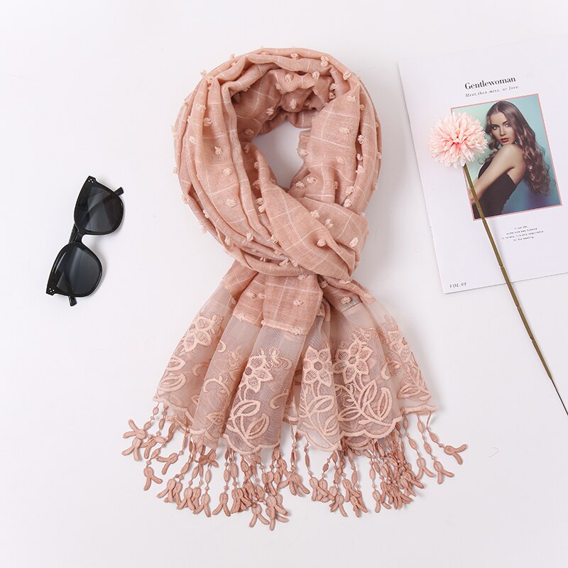 plaine Pom coton écharpe Plaid gland dentelle brodé coton foulards femmes musulman Hijab étoles femme bandeau à fleurs 1PC: 12