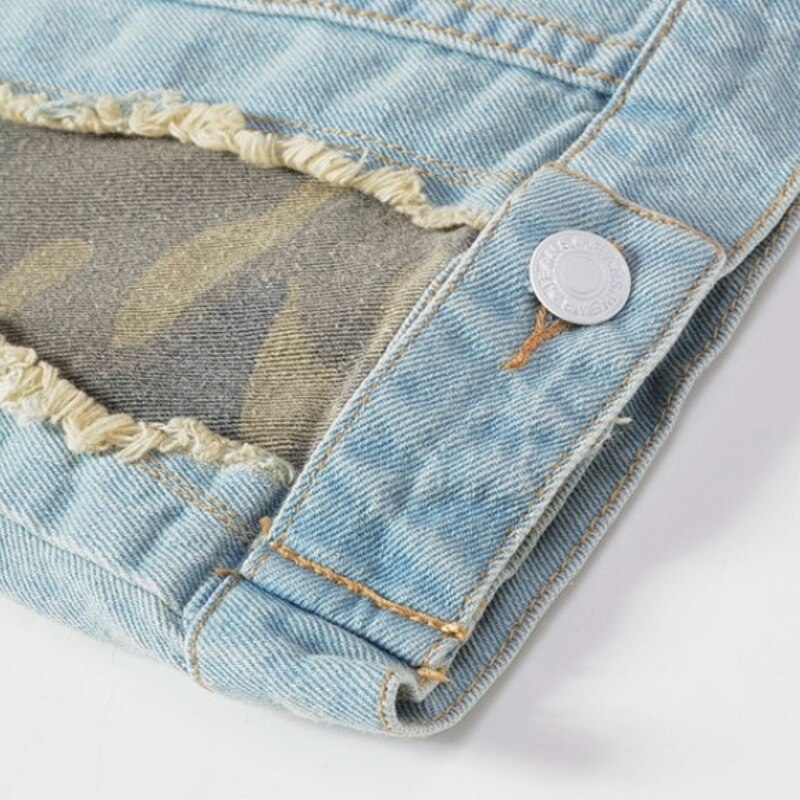 Koreanische Dünne Plus Größe 4XL 5XL Männer Denim Westen Ärmel Ausgefranste Patchwork Loch Jean Jacken Weste Streetwear