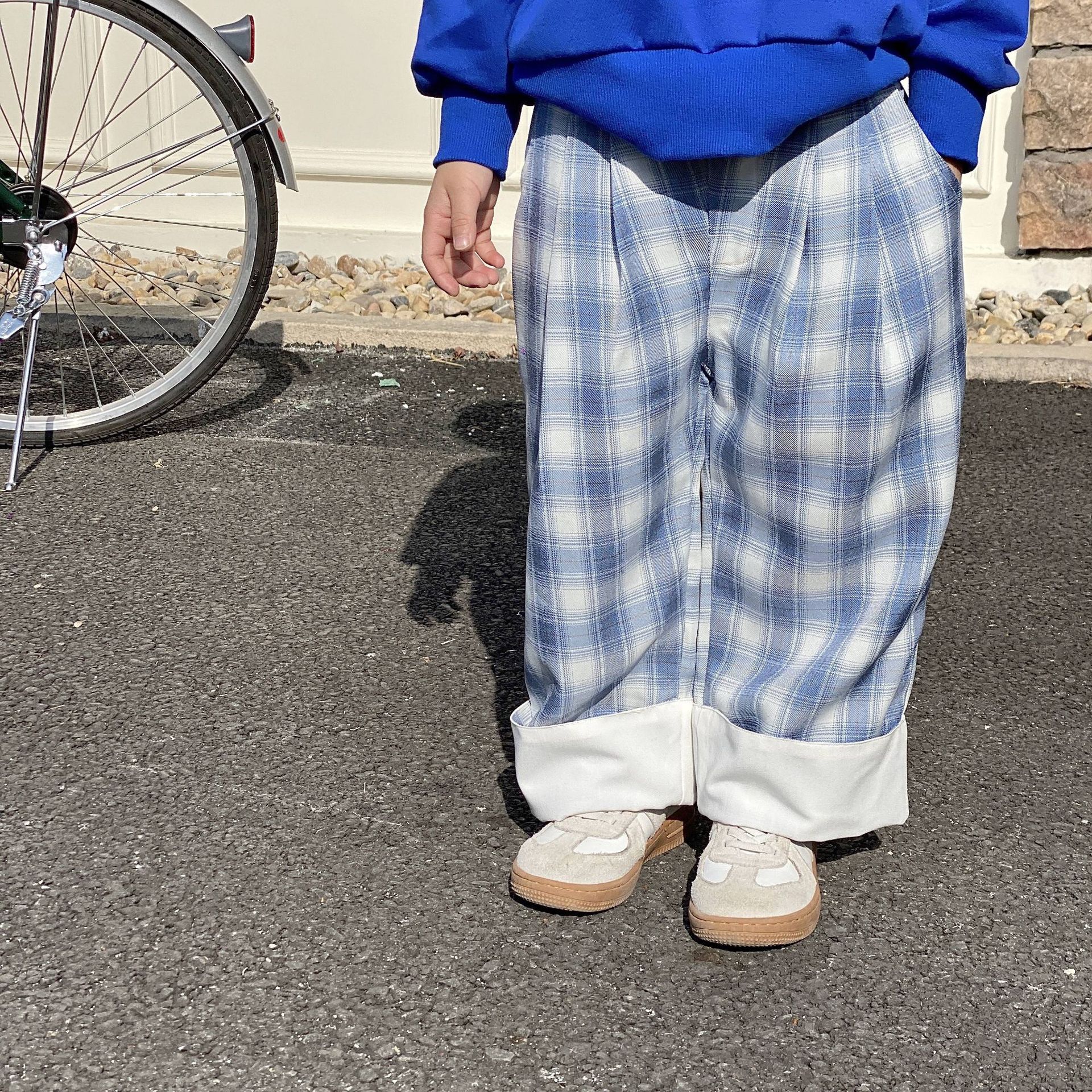 Pantaloni da ragazzo a gamba larga scozzesi a molla pantaloni in cotone patchwork allentati pantaloni a 3 colori
