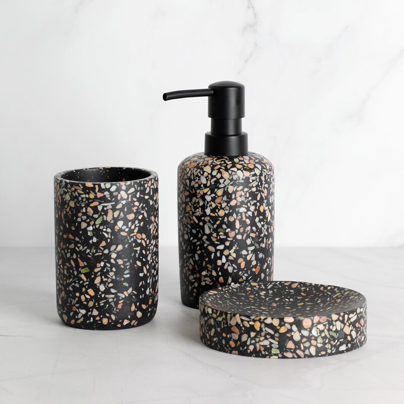 Badeværelsestilbehør sæt sort terrazzo harpiks tandbørsteholder sæbedispenser pumpe flaske tandpasta dispenser sæbeskål: 3 stykker