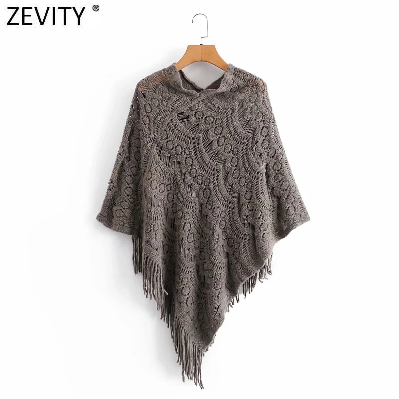 Zevity kvinder hæklet strikket jacquard sjal sweater kvindelig hem kvast dekoration pullovere chic hule kappe toppe  s530