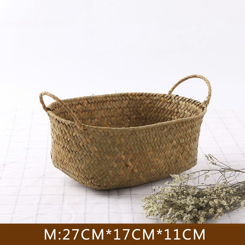 WHISM Handmade Woven Storage Basket Straw Food Picnic Basket Container Makeup Organizer Rattan Bread Fruit Holder Wicker Basket: M Size