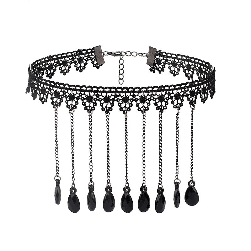 Gothic Lock Chain Necklace Multilayer Punk Choker Collar Goth Pendant Necklace Women Black Leather Emo Tassel Witch Rave Jewelry