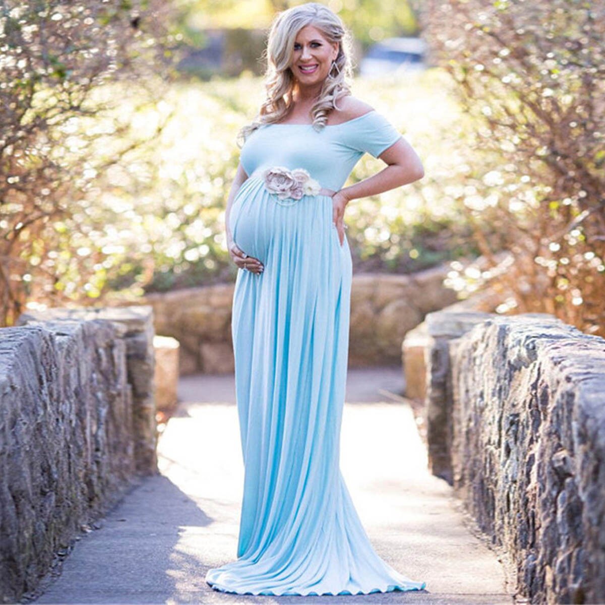 Kvinder gravid barsel kjole til fotografering fotoshoot sommer kortærmet mesh ren lang kjole graviditetstøj: Himmelblå / Xl