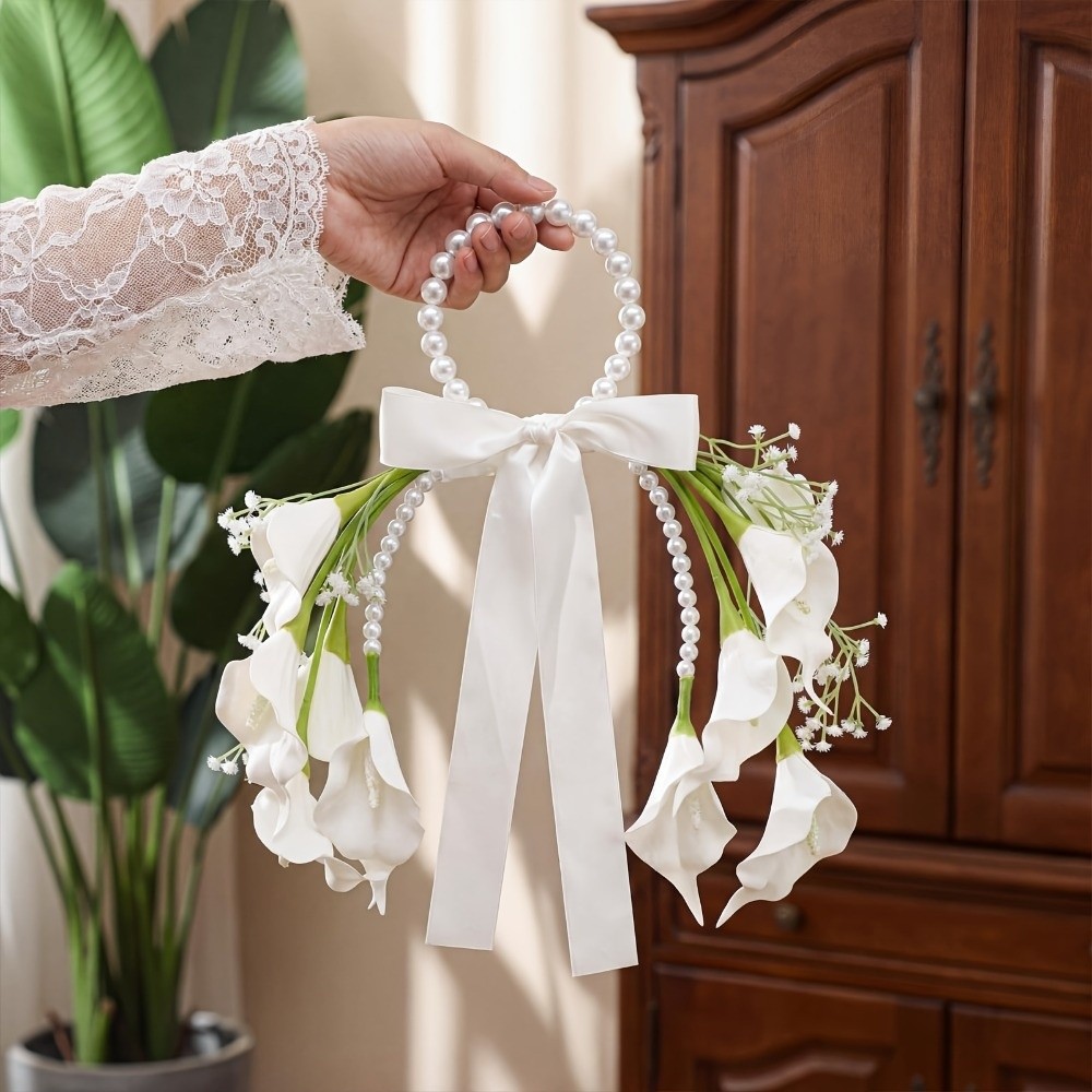 Perlenbesetzter Brautstrauß mit Satinschleife, Weiße Blüzehn, Hochzeitsblumen aus Kunstmaterial, Leichtgewichtiger Tragegriff-Strauß