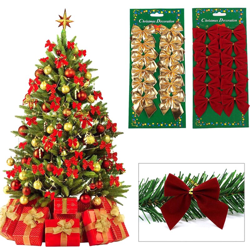12 stk / pakke rødguld sølv bånd bowknots jul charme dekoration buer juletræ dekoration ornament