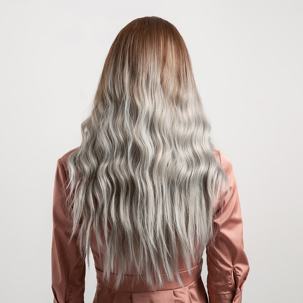 Jonrenau sintético marrom escuro longo ondulado perucas de cabelo com franja lateral resistente ao calor perucas de fibra para preto branco: lc179-hun