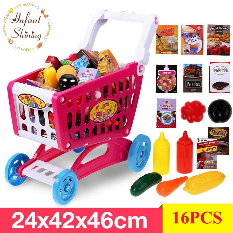 Baby Shining Winkelwagen Speelgoed 16 PCS Grote Winkelen Speelgoed Simulatie Kinderen Supermarkt Winkelen Speelgoed Groente Voedsel Speelgoed