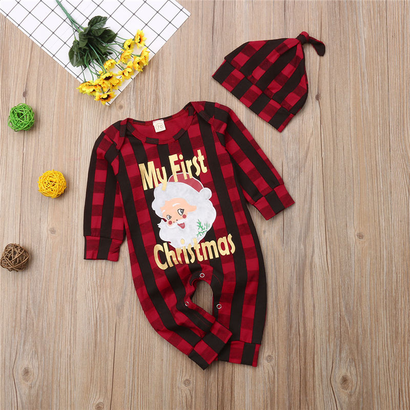 Emmababy MY First Christmas Baby Boy Girl Unisex Romper Plaid Clothes Outfits Leisure Child Girl Christmas Rompers