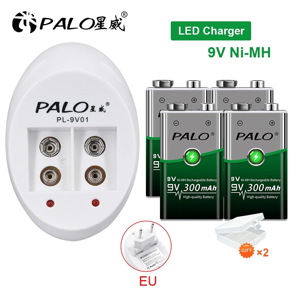 PALO 300mAh 9V NIMH batterie Rechargeable 6F22 9V couronne batterie + 9V chargeur de batterie pour 9V NI-MH Li-ion Batteries rechargeables