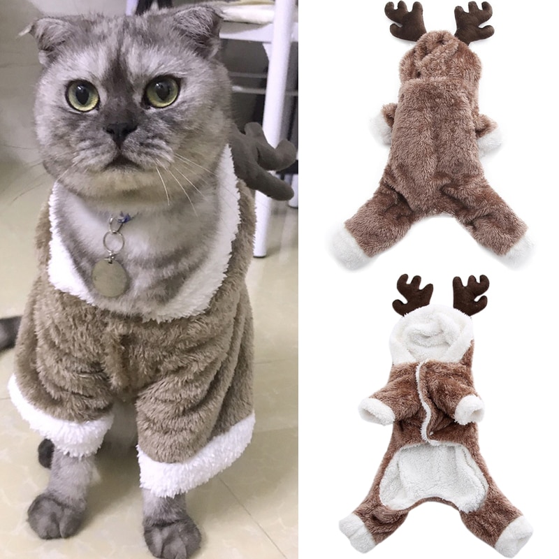 Jul kæledyr kat kostume vinter bomuld kat tøj til katte kitty killing hættejakke jakke varm tyk elg kostumer tøj