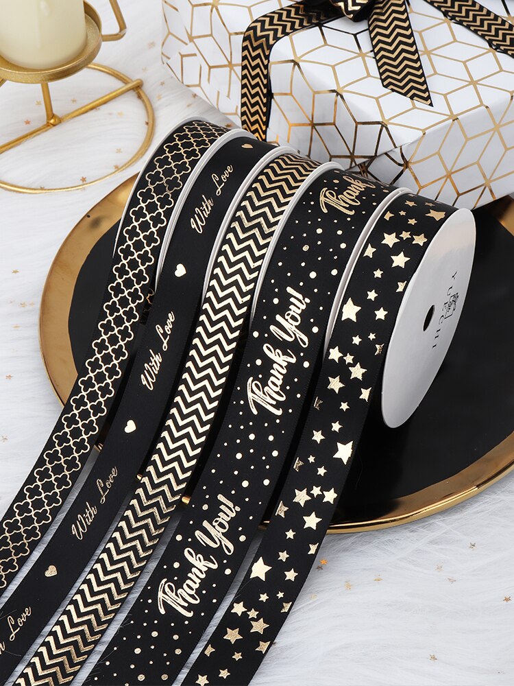 Cinta dorada negra de 2 yardas, embalaje de caja de para amantes, boda, evento, , Navidad, bricolaje, decoración de ramo de pastel de lazo hecho a mano