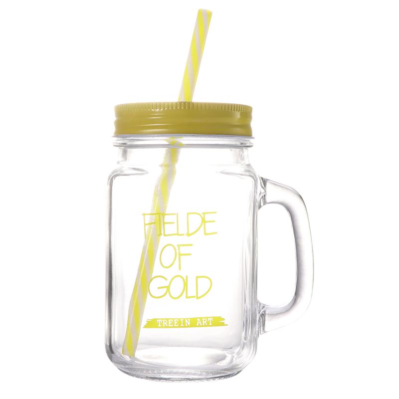 500ML Stro Mason Cup Zomer Draagbare Sap Cup Glas Drinken Beker met Stro Deksel: Yellow