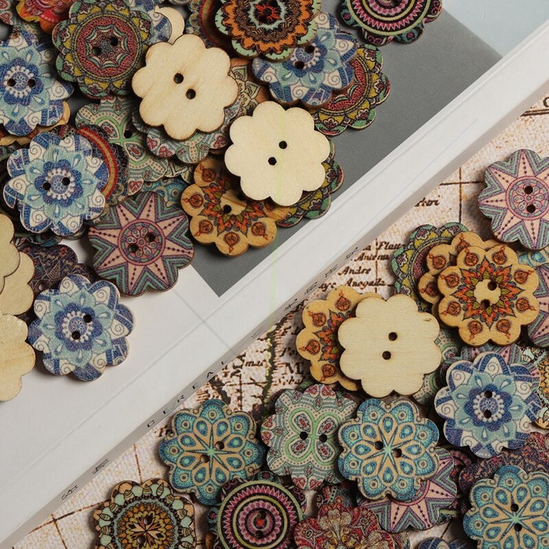 50pcs Retro Wood Buttons – 2-Hole Flat, Multi-Color, Handwork Sewing Scrapbook Clothing Crafts DIY, Unbranded