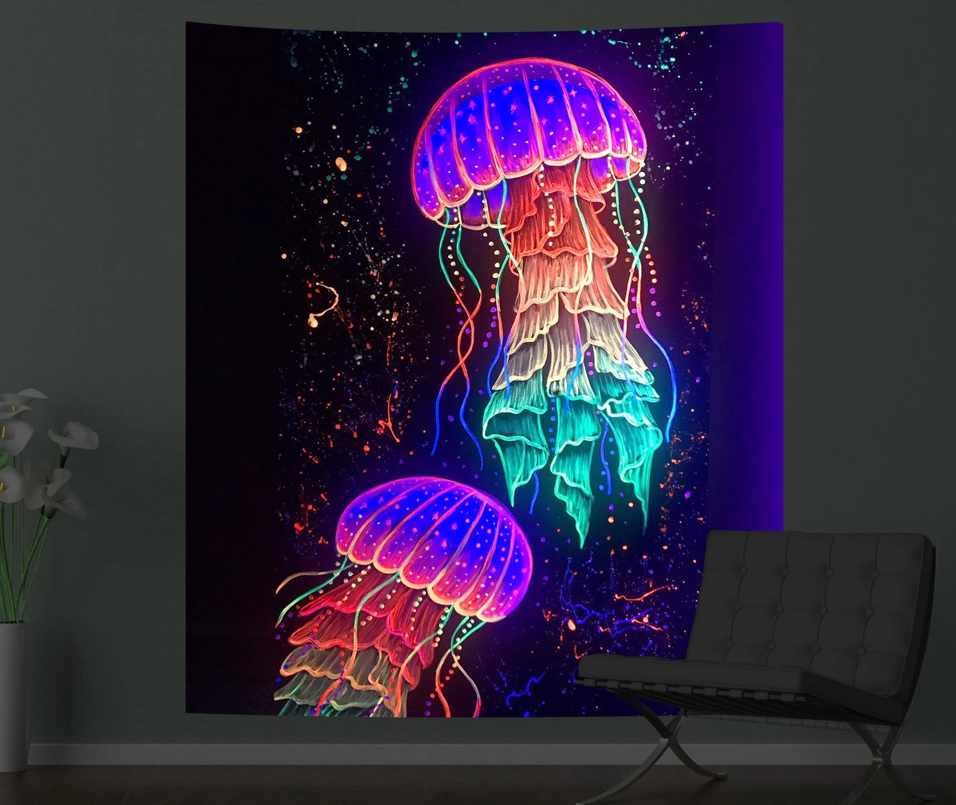 Black Light Tapestry Wall Hanging UV Reactive Psychedelic Jellyfish Hippie for Bedroom Dorm Independent Room Decoration: 140x205cm / Apricot