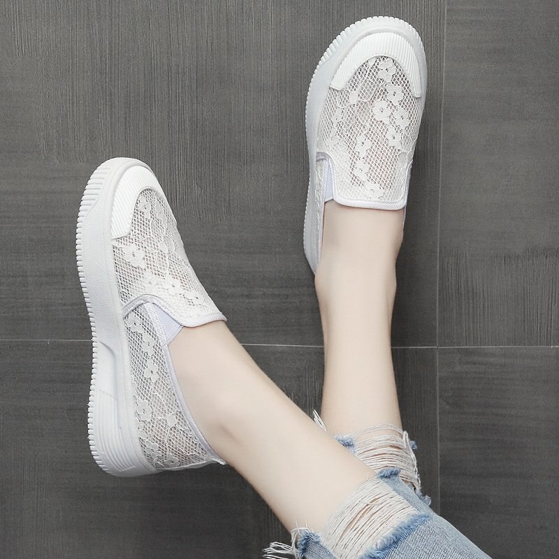 Respirant Polka Lace mocassins femme sans lacet mocassins peu profonds chaussures femmes patchwork bout rond maille espadrilles plat