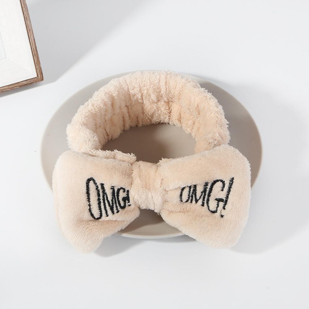 Soft OMG Letters Coral Fleece Wash Face Mix Color Bow Hair bands Clips For Women Girls Headbands Hair Styling Tool: 01 khaki
