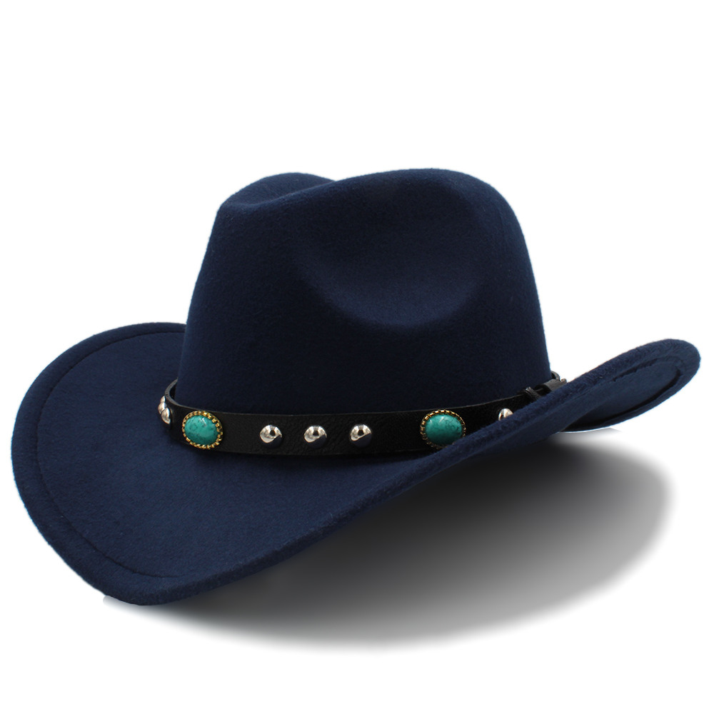 Kvinder uld hule vestlige cowboy hat roll-up bred skygge dame jazz sombrero hombre cowgirl kasket med punk bælte størrelse 56-58cm: Mørkeblå